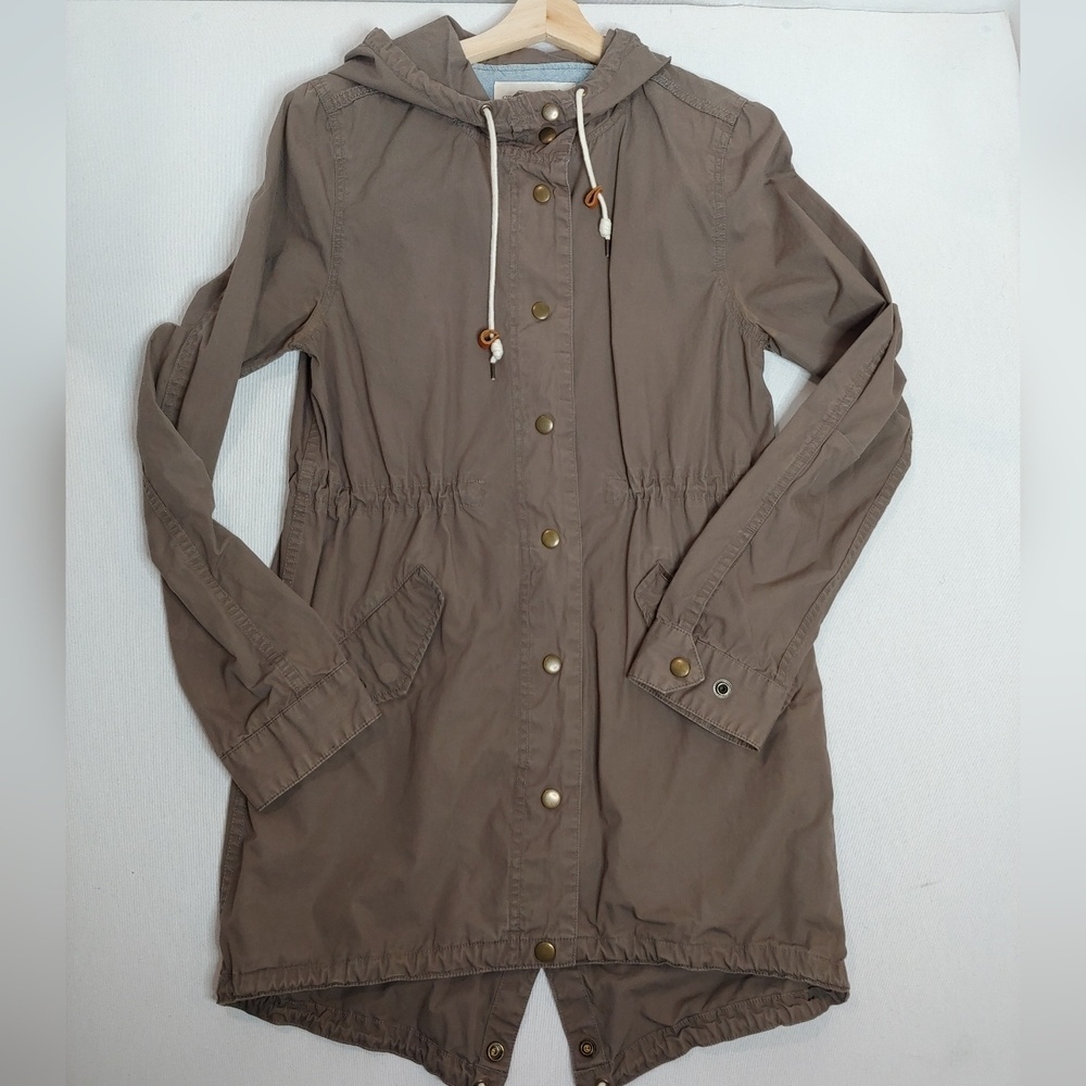 Obey Hooded Utility Jacket Brown XS Lightweight Cotton Snap Button Long Line